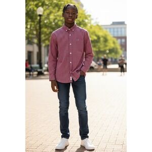 Kids Vineyard Vines Red Blue Gingham Button Down Shirt Long Sleeve Whale Logo